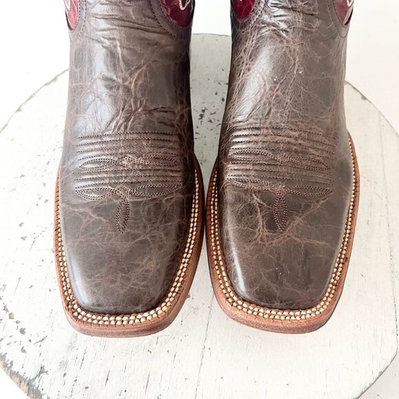 Rod Patrick Mens Cowboy Boots 9A Brown Mocha Bison Red Top Square Toe Western - Picture 6 of 13